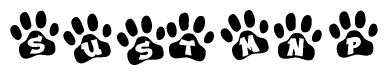 The image shows a series of animal paw prints arranged in a horizontal line. Each paw print contains a letter, and together they spell out the word Sustmnp.