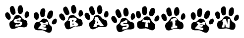 The image shows a series of animal paw prints arranged in a horizontal line. Each paw print contains a letter, and together they spell out the word Sebastien.