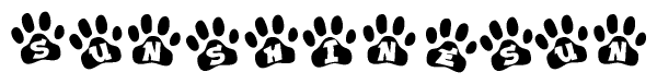 The image shows a series of animal paw prints arranged horizontally. Within each paw print, there's a letter; together they spell Sunshinesun
