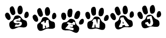 The image shows a series of animal paw prints arranged horizontally. Within each paw print, there's a letter; together they spell Shenaj