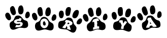 The image shows a series of animal paw prints arranged horizontally. Within each paw print, there's a letter; together they spell Soriya