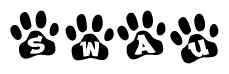 The image shows a series of animal paw prints arranged in a horizontal line. Each paw print contains a letter, and together they spell out the word Swau.