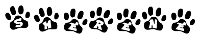 The image shows a series of animal paw prints arranged horizontally. Within each paw print, there's a letter; together they spell Sherene