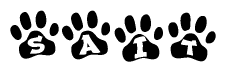 The image shows a row of animal paw prints, each containing a letter. The letters spell out the word Sait within the paw prints.