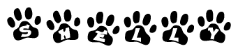The image shows a series of animal paw prints arranged in a horizontal line. Each paw print contains a letter, and together they spell out the word Shelly.