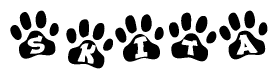 The image shows a series of animal paw prints arranged horizontally. Within each paw print, there's a letter; together they spell Skita