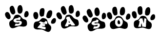 The image shows a series of animal paw prints arranged in a horizontal line. Each paw print contains a letter, and together they spell out the word Season.