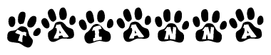 The image shows a series of animal paw prints arranged in a horizontal line. Each paw print contains a letter, and together they spell out the word Taianna.