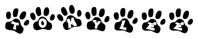 The image shows a row of animal paw prints, each containing a letter. The letters spell out the word Tomylee within the paw prints.