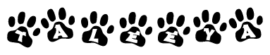 The image shows a series of animal paw prints arranged horizontally. Within each paw print, there's a letter; together they spell Taleeya