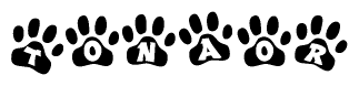 The image shows a row of animal paw prints, each containing a letter. The letters spell out the word Tonaor within the paw prints.