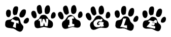 The image shows a series of animal paw prints arranged in a horizontal line. Each paw print contains a letter, and together they spell out the word Twigle.