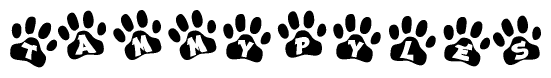 The image shows a row of animal paw prints, each containing a letter. The letters spell out the word Tammypyles within the paw prints.