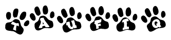 The image shows a series of animal paw prints arranged horizontally. Within each paw print, there's a letter; together they spell Taufiq