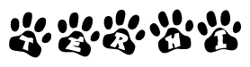 The image shows a row of animal paw prints, each containing a letter. The letters spell out the word Terhi within the paw prints.