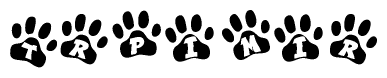 The image shows a series of animal paw prints arranged in a horizontal line. Each paw print contains a letter, and together they spell out the word Trpimir.