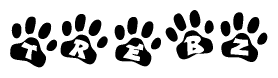 The image shows a series of animal paw prints arranged horizontally. Within each paw print, there's a letter; together they spell Trebz