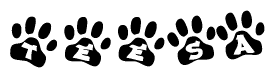 The image shows a series of animal paw prints arranged horizontally. Within each paw print, there's a letter; together they spell Teesa