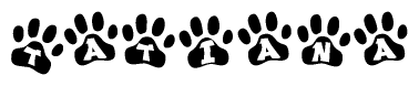 The image shows a row of animal paw prints, each containing a letter. The letters spell out the word Tatiana within the paw prints.