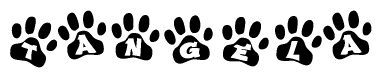 The image shows a row of animal paw prints, each containing a letter. The letters spell out the word Tangela within the paw prints.