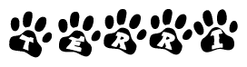 The image shows a row of animal paw prints, each containing a letter. The letters spell out the word Terri within the paw prints.