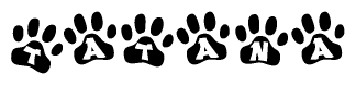 The image shows a series of animal paw prints arranged in a horizontal line. Each paw print contains a letter, and together they spell out the word Tatana.
