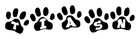 The image shows a row of animal paw prints, each containing a letter. The letters spell out the word Tiasn within the paw prints.