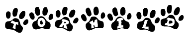 The image shows a series of animal paw prints arranged in a horizontal line. Each paw print contains a letter, and together they spell out the word Torhild.