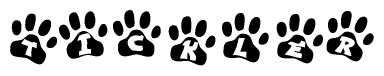 The image shows a series of animal paw prints arranged in a horizontal line. Each paw print contains a letter, and together they spell out the word Tickler.