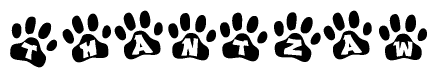 The image shows a series of animal paw prints arranged horizontally. Within each paw print, there's a letter; together they spell Thantzaw