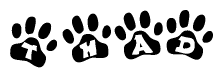 The image shows a series of animal paw prints arranged horizontally. Within each paw print, there's a letter; together they spell Thad