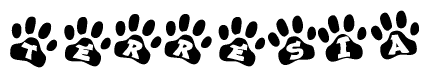 The image shows a series of animal paw prints arranged horizontally. Within each paw print, there's a letter; together they spell Terresia