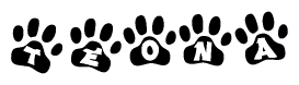 The image shows a series of animal paw prints arranged in a horizontal line. Each paw print contains a letter, and together they spell out the word Teona.