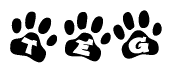 The image shows a series of animal paw prints arranged in a horizontal line. Each paw print contains a letter, and together they spell out the word Teg.