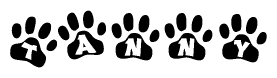 The image shows a series of animal paw prints arranged in a horizontal line. Each paw print contains a letter, and together they spell out the word Tanny.