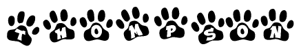 The image shows a series of animal paw prints arranged horizontally. Within each paw print, there's a letter; together they spell Thompson