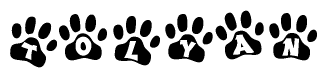 The image shows a series of animal paw prints arranged in a horizontal line. Each paw print contains a letter, and together they spell out the word Tolyan.