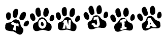 The image shows a series of animal paw prints arranged in a horizontal line. Each paw print contains a letter, and together they spell out the word Tonjia.