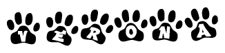 The image shows a series of animal paw prints arranged in a horizontal line. Each paw print contains a letter, and together they spell out the word Verona.