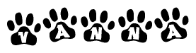 The image shows a series of animal paw prints arranged horizontally. Within each paw print, there's a letter; together they spell Vanna