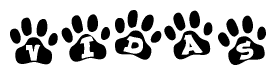 The image shows a series of animal paw prints arranged horizontally. Within each paw print, there's a letter; together they spell Vidas