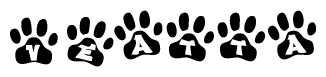 The image shows a series of animal paw prints arranged in a horizontal line. Each paw print contains a letter, and together they spell out the word Veatta.