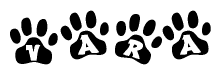 The image shows a row of animal paw prints, each containing a letter. The letters spell out the word Vara within the paw prints.