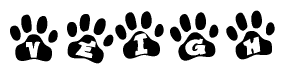 The image shows a series of animal paw prints arranged in a horizontal line. Each paw print contains a letter, and together they spell out the word Veigh.