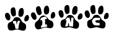 The image shows a series of animal paw prints arranged in a horizontal line. Each paw print contains a letter, and together they spell out the word Vinc.