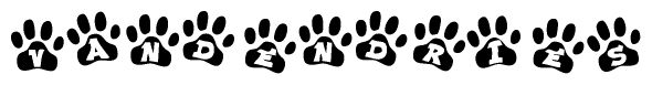 The image shows a series of animal paw prints arranged in a horizontal line. Each paw print contains a letter, and together they spell out the word Vandendries.