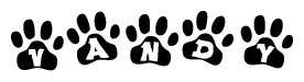 The image shows a series of animal paw prints arranged horizontally. Within each paw print, there's a letter; together they spell Vandy
