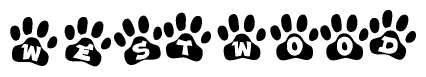 The image shows a series of animal paw prints arranged horizontally. Within each paw print, there's a letter; together they spell Westwood