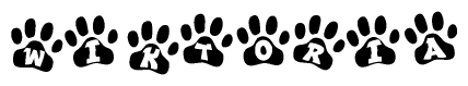 The image shows a series of animal paw prints arranged in a horizontal line. Each paw print contains a letter, and together they spell out the word Wiktoria.