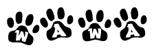 The image shows a row of animal paw prints, each containing a letter. The letters spell out the word Wawa within the paw prints.